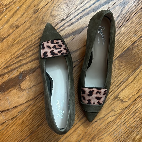 Anthropologie Seychelles Clear Cut Olive Green Suede Leopard Suede Heels - Picture 6 of 10